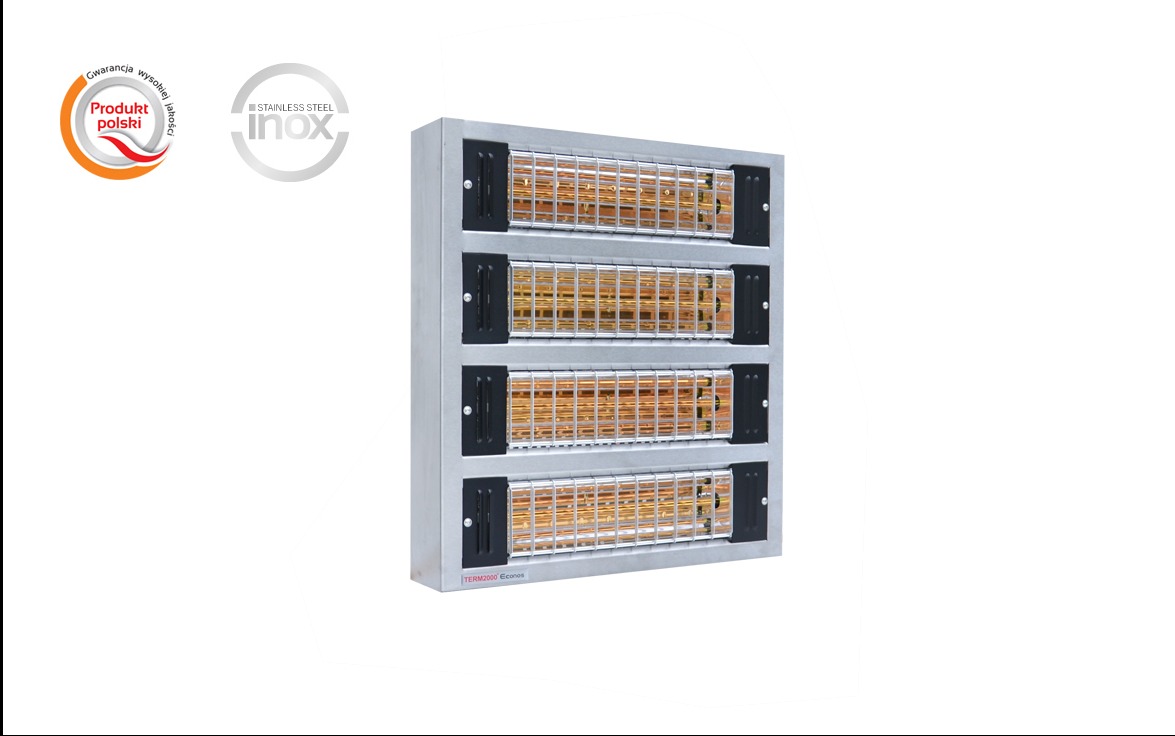 Czteroelementowy, metalowy promiennik ciepła marki TERM2000 Econos, wykonany ze stali nierdzewnej, z logo 'Produkt polski' i 'Stainless Steel Inox' w lewym górnym rogu.