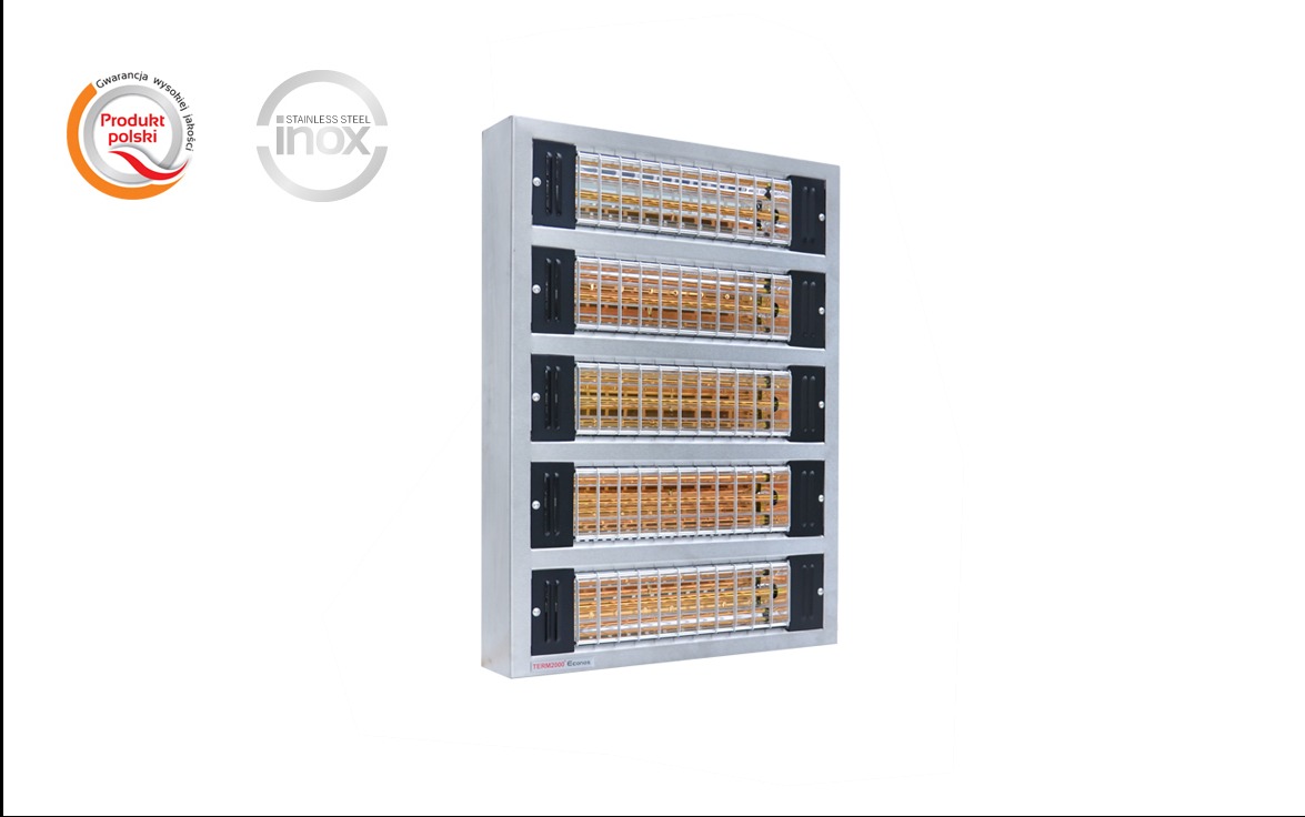 Panel grzewczy na podczerwień z pięcioma elementami grzejnymi, obudowa ze stali nierdzewnej, widoczne logo 'Produkt polski' i 'INOX Stainless Steel'.