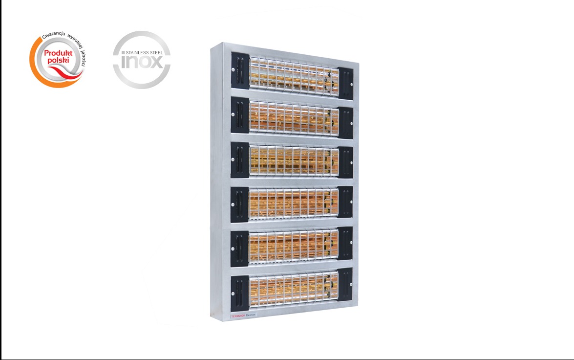 Panelowy promiennik ciepła w obudowie ze stali nierdzewnej, widoczne logo 'Produkt polski' i 'Stainless Steel Inox'.