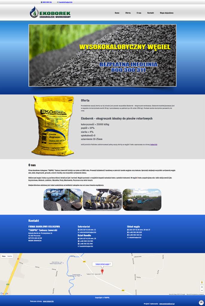 Strona internetowa firmy z Częstochowy, oferującej ekogroszek workowany marki Ekoborek. Na górze widoczny nagłówek z logo i menu, poniżej baner z węglem i informacją o bezpłatnej infolinii.