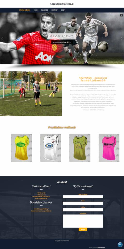 Strona internetowa producenta koszulek piłkarskich z dynamicznym nagłówkiem prezentującym zawodników w akcji i formularzem kontaktowym w dolnej części.