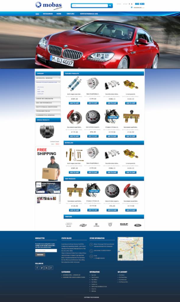 Strona internetowa sklepu z częściami samochodowymi, na górze czerwone BMW na rozmytym tle drogi.