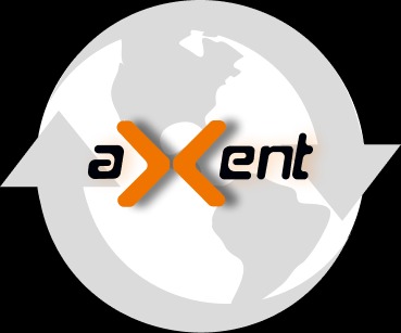 Logo firmy transportowej Axent na tle uproszczonej mapy świata z białymi strzałkami w kształcie okręgu.
