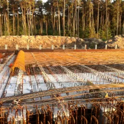 Siatka zbrojeniowa ułożona na betonowym fundamencie, przygotowana do zalania, z widocznym nasypem ziemi i lasem w tle, oświetlona popołudniowym słońcem.