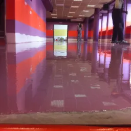 Aplikacja żywicy w odcieniach fioletu i pomarańczy na podłodze w obiekcie we Wrocławiu; widoczny pracownik rozprowadzający materiał. Świeża, błyszcząca powierzchnia odbija światło.