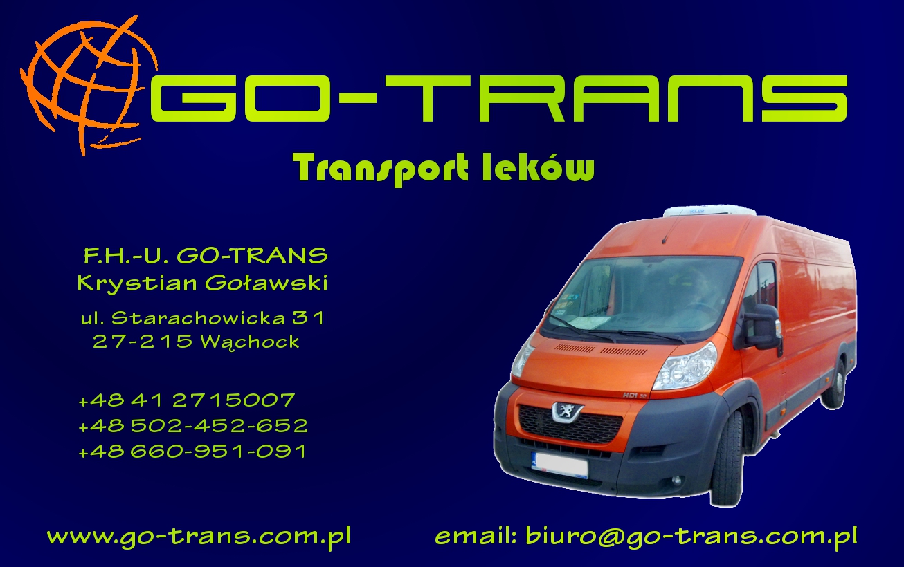 Grafika reklamowa firmy GO-TRANS z pomarańczowym busem chłodnią na tle niebieskiego tła, z widocznym logo, adresem i numerami telefonów firmy.