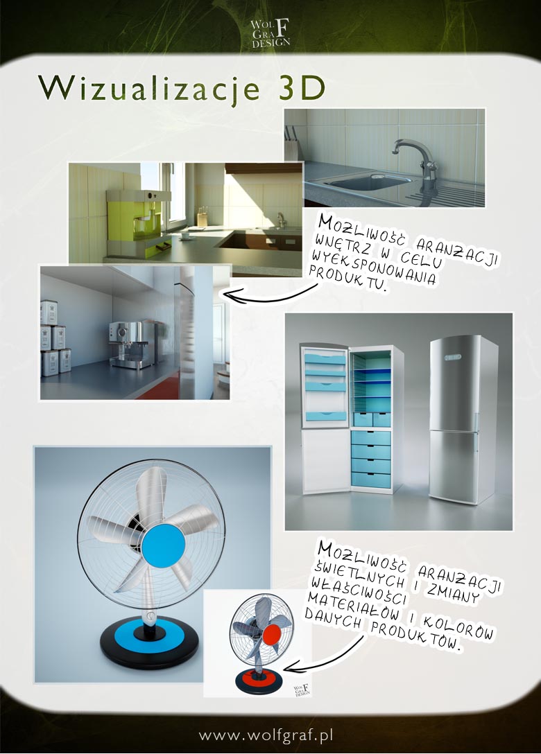 Prezentacja wizualizacji 3D produktów: kuchnia z ekspresem do kawy, lodówka z otwartymi drzwiami i wentylator stojący z niebieskim środkiem, na białym tle z tekstem 'Możliwość aranżacji' i logo...