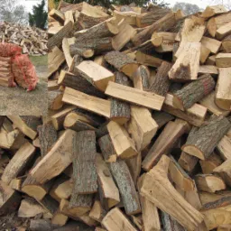 Stos nasypowego drewna opałowego z widoczną korą, w tle worki z drewnem i większy pryzmat drewna.