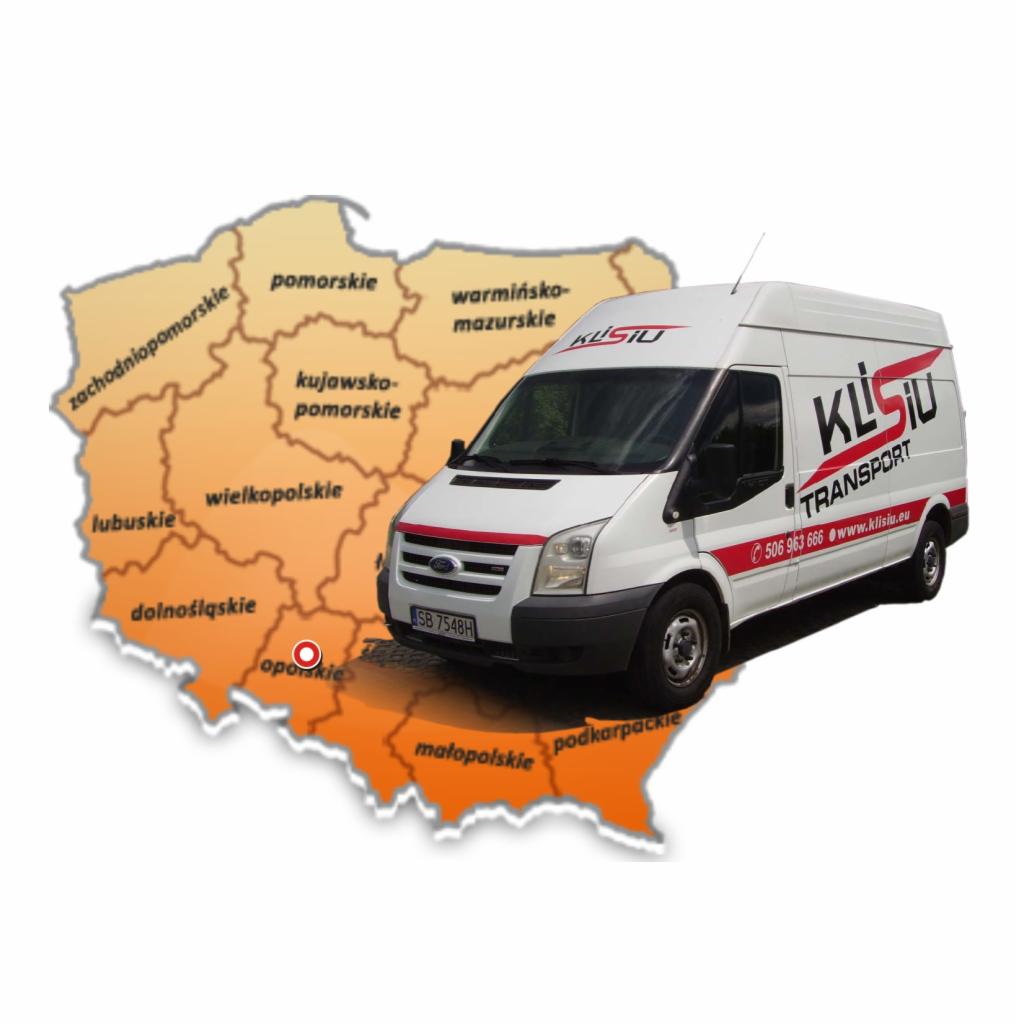 Biały bus z logotypem firmy transportowej na tle mapy Polski z zaznaczonymi województwami. Widoczny numer telefonu i adres strony internetowej.