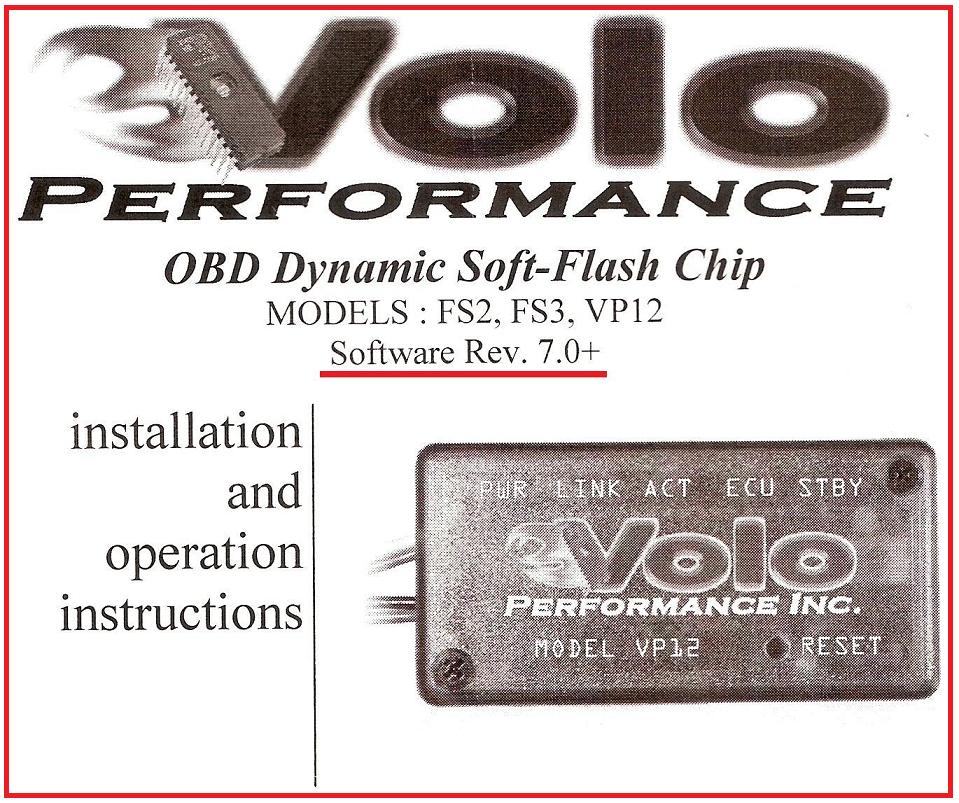 Informacja o chipie OBD Dynamic Soft-Flash Chip Volo Performance Inc. z instrukcjami instalacji i obsługi, model VP12, wersja oprogramowania Rev. 7.0+
