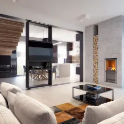 Nowoczesny salon z kominkiem obłożonym betonem, drewnianymi schodami i czarną, przeszkloną ścianą działową oddzielającą jadalnię z kuchnią.