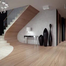 Nowoczesny hol z drewnianą podłogą i schodami, dekoracyjną ścianą z motywem roślinnym, czarnymi wazonami i minimalistyczną konsolą z lampą.