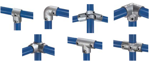 Zestaw złączek Kee Klamp do rur stalowych, prezentujący różne konfiguracje połączeń pod kątem prostym i rozgałęzień, z widocznymi śrubami mocującymi, na białym tle.