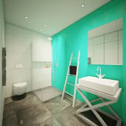 Nowoczesna łazienka z kabiną prysznicową typu walk-in, umywalką na geometrycznym stelażu i dekoracyjną drabiną na tle turkusowej ściany. Minimalistyczny design.