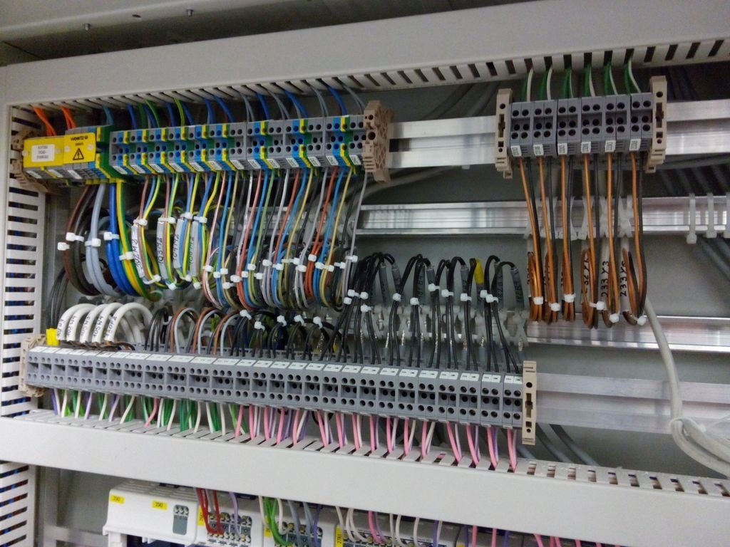 Szafa sterownicza z uporządkowanymi przewodami elektrycznymi w Malschwitz, widoczne listwy zaciskowe i oznaczenia na kablach.