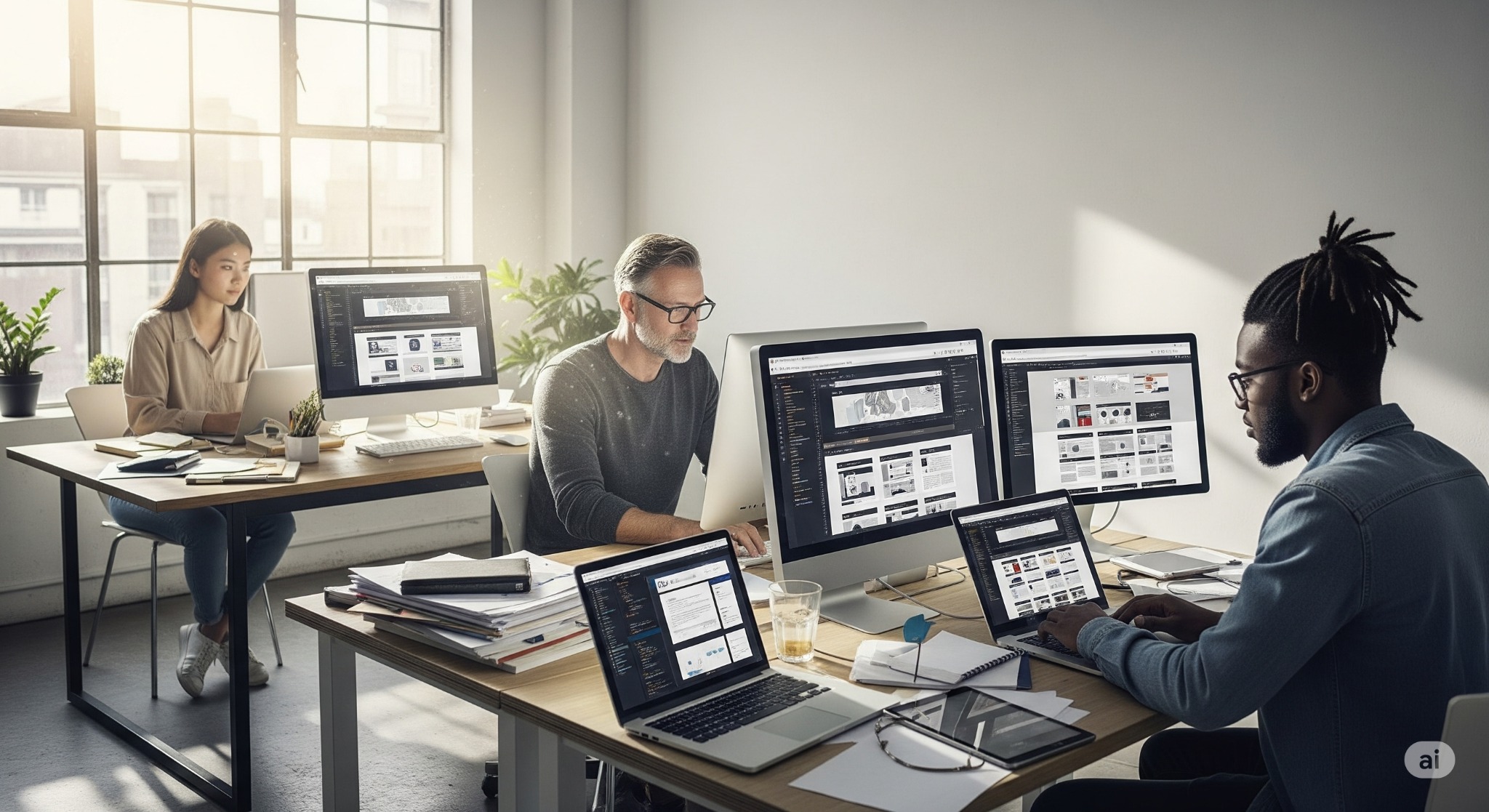 Zespół projektantów stron internetowych pracuje w jasnym biurze, używając komputerów stacjonarnych i laptopów do tworzenia interfejsów użytkownika.