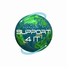 Grafika: Zielona kula ziemska z obwodami drukowanymi i napisem 'SUPPORT 4 IT' otoczona niebieskimi liniami. Symbolizuje globalne wsparcie IT.