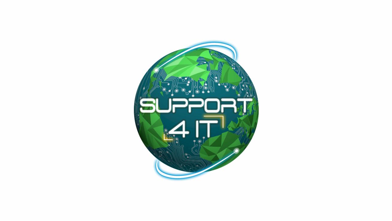 Grafika: Zielona kula ziemska z obwodami drukowanymi i napisem 'SUPPORT 4 IT' otoczona niebieskimi liniami. Symbolizuje globalne wsparcie IT.