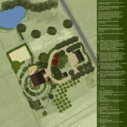 Koncepcja zagospodarowania ogrodu: rzut z góry prezentujący projekt z aleją brzozową, rabatami kwiatowymi, oczkiem wodnym, placem zabaw i altaną, z legendą opisującą poszczególne elementy...