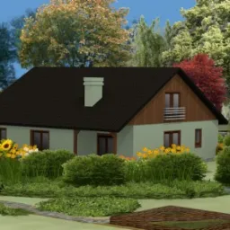 Wizualizacja ogrodu z domem jednorodzinnym, rabaty kwiatowe z żółtymi słonecznikami i niskie krzewy ozdobne, ścieżka z kamieni prowadząca przez trawnik, pergola w tle.