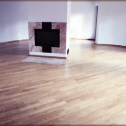 Jasny parkiet ułożony w nowym domu w Myślenicach, widoczny kominek z marmurową obudową.