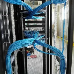 Serwerownia z uporządkowanymi niebieskimi kablami sieciowymi w szafie rack, widoczne wentylatory chłodzące u góry.