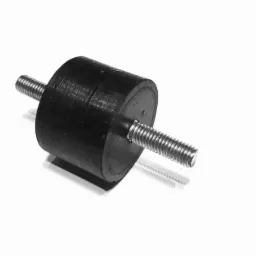 Czarny, cylindryczny amortyzator gumowy z gwintowanymi prętami przechodzącymi przez środek, leżący na białym tle.