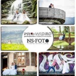 Kolaż zdjęć ślubnych: para w wodospadzie, na drewnianej platformie z widokiem na góry, na moście nad stawem, siedząca na ławce przy budynku z zamkniętymi okiennicami, oraz z kolorowym proszkiem...