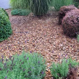 Rabata z ozdobnymi trawami, lawendą i krzewami, wysypana drobnymi kamieniami w kolorze brązowym.