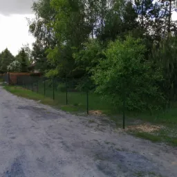 Zielone ogrodzenie z siatki, widok z polnej drogi, drzewa i krzewy w tle, słabe oświetlenie.
