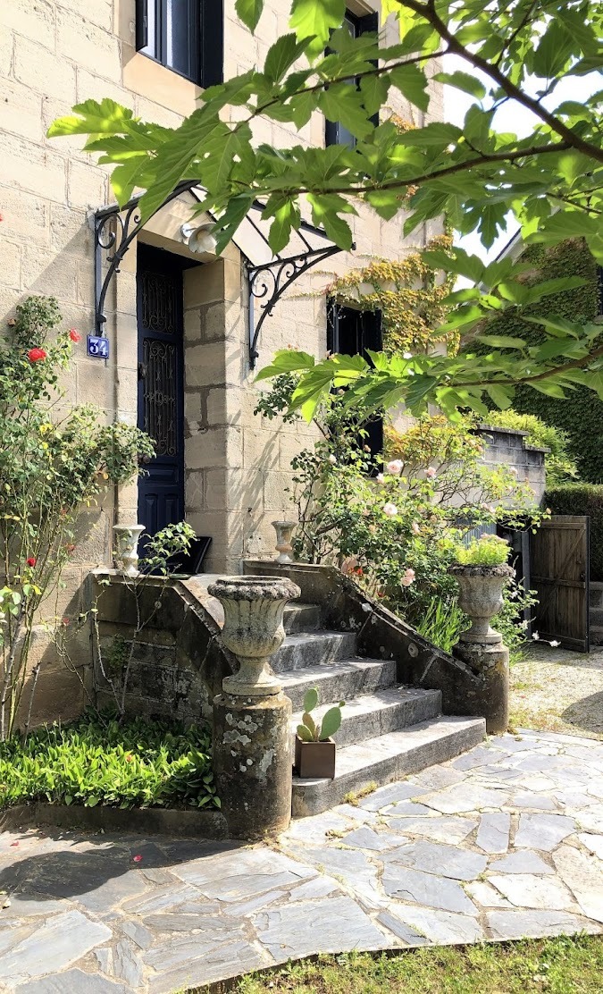 Kamienne schody wejściowe do domu z niebieskimi drzwiami, ozdobione roślinami w donicach i metalowym zadaszeniem.