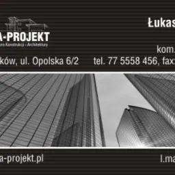 Wizytówka firmy Machura-Projekt, biuro konstrukcji i architektury, z adresem, numerami telefonów i adresem email, na tle szkiców nowoczesnych wieżowców.
