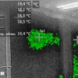 Termogram ściany z zaznaczonymi punktami pomiaru temperatury i obszarami o podwyższonej wilgotności w kolorze zielonym, widoczny fragment drzwi po lewej stronie.
