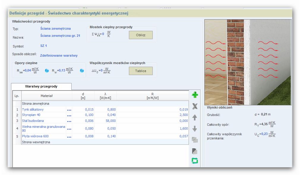 Zrzut ekranu programu do obliczeń charakterystyki energetycznej budynku, prezentujący definicję przegrody ściany zewnętrznej z wyszczególnieniem warstw materiałów, ich grubości, współczynnika...