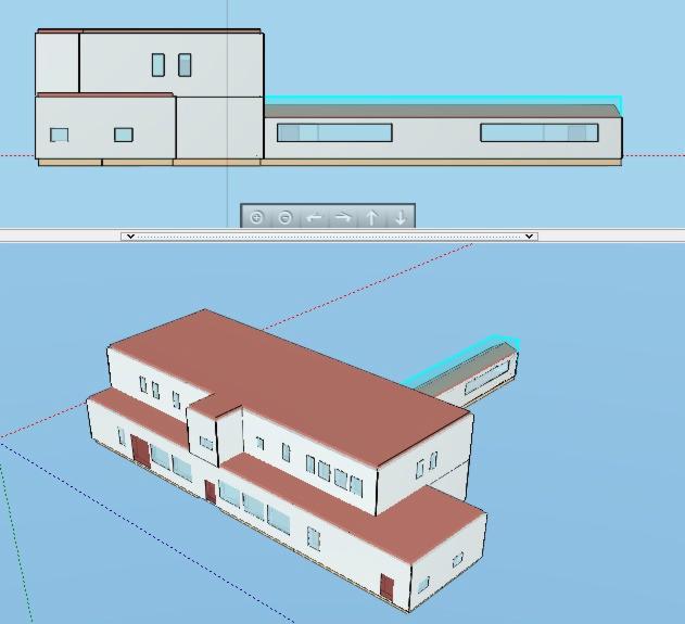 Wizualizacja 3D budynku z płaskim dachem, widok z góry i z boku, prezentacja projektu architektonicznego w programie graficznym.