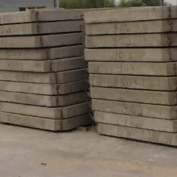 Stosy prefabrykatów betonowych ułożone jeden na drugim, widoczne numery seryjne na powierzchni płyt, szare tło, magazyn prefabrykatów.