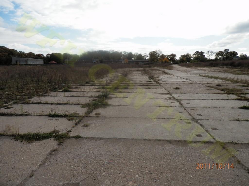 Zniszczona, betonowa droga w Szczecinie zarośnięta trawą i chwastami, prowadząca przez teren z budynkami w tle. Widok w perspektywie z dołu.