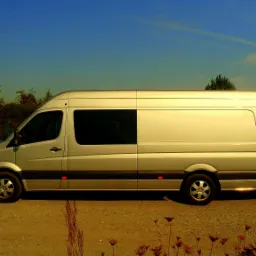 Srebrny bus osobowo-towarowy Mercedes-Benz Sprinter zaparkowany na żwirowej drodze w słoneczny dzień, widok z boku, z widocznym budynkiem gospodarczym w tle.