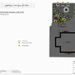 Koncepcyjny projekt zagospodarowania terenu z oświetleniem ogrodu, widok z góry, z zaznaczonymi oprawami podświetlającymi i stojącymi.
