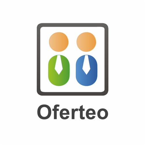 Logo Oferteo we Wrocławiu: Dwie postacie w garniturach, jedna zielona, druga niebieska, symbolizujące współpracę i profesjonalizm. Całość w kwadratowej ramce.