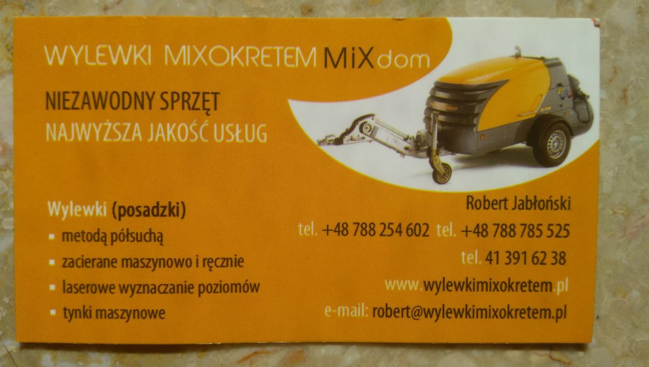 Wizytówka firmy oferującej wylewki mixokretem, prezentująca sprzęt i dane kontaktowe Roberta Jabłońskiego.