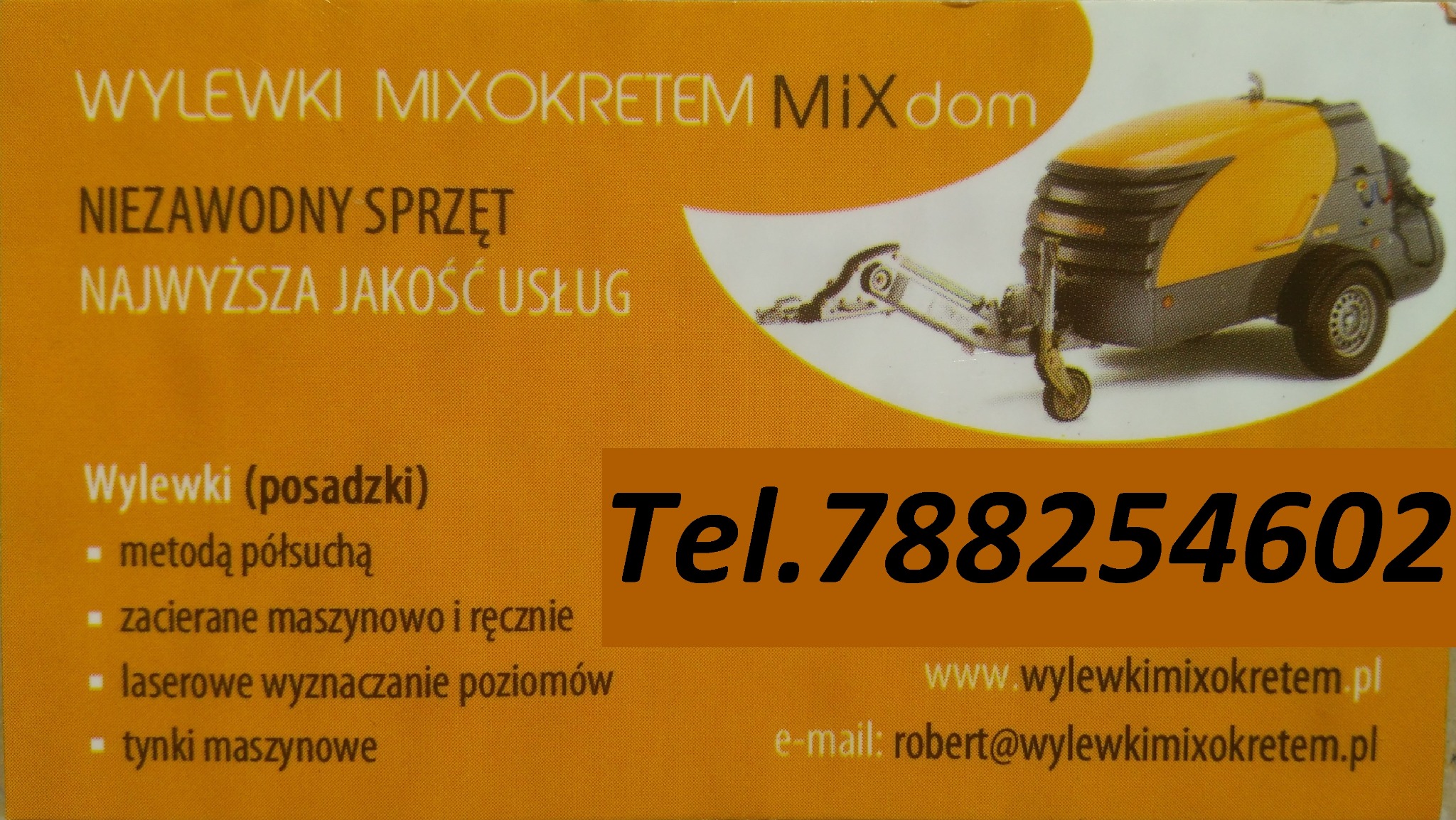 Żółto-szara maszyna do wylewek Mixokretem Mix dom na pomarańczowym tle wizytówki, z numerem telefonu i adresem strony internetowej.
