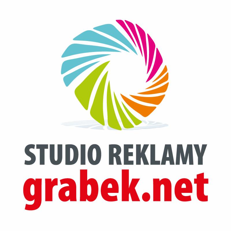 Logo firmy Studio Reklamy grabek.net z abstrakcyjnym, wielobarwnym symbolem w kształcie okręgu złożonego z klinów w kolorach: błękitnym, różowym, pomarańczowym i zielonym.