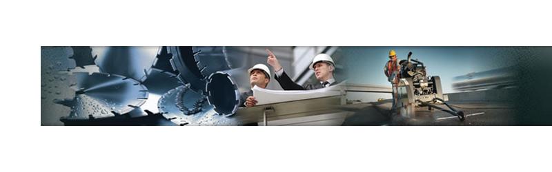 Kompozycja graficzna przedstawiająca tarcze do cięcia betonu, dwóch inżynierów w kaskach analizujących plan oraz pracownika obsługującego maszynę do cięcia nawierzchni.