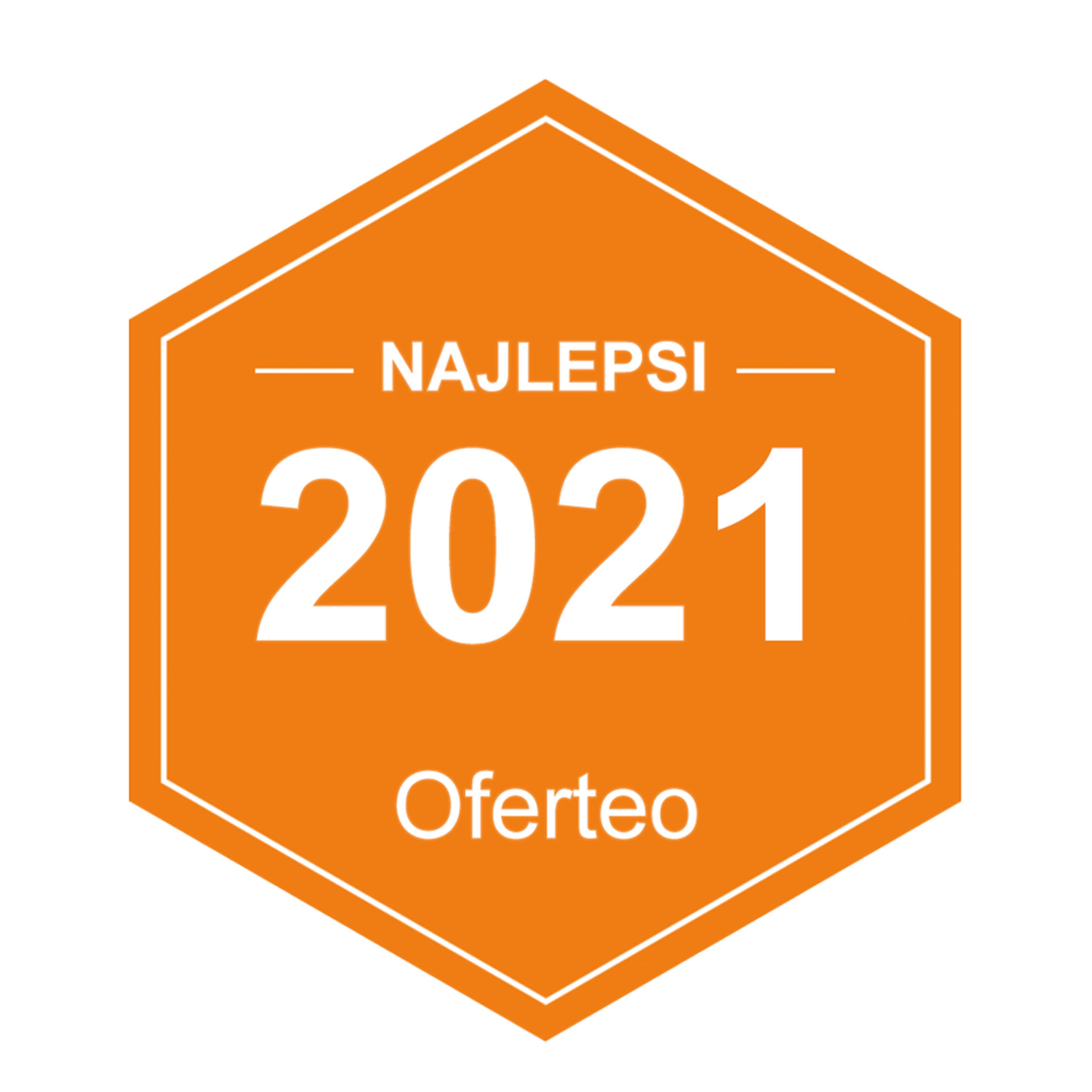 Pomarańczowa odznaka Oferteo 'Najlepsi 2021' w kształcie sześciokąta.