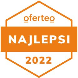 Pomarańczowy emblemat Oferteo 'Najlepsi 2022' w kształcie sześciokąta.