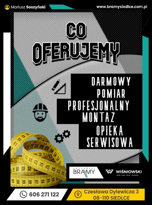 Grafika reklamowa firmy oferującej pomiar, montaż i serwis. Widoczne logo firmy Soszyński Bramy oraz Wiśniowski. W tle ikony narzędzi i kask ochronny. Na pierwszym planie miara zwinięta w kłębek.