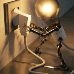 Stylizowana żarówka z metalowymi elementami, imitująca robota, podłącza wtyczkę do gniazdka elektrycznego na teksturowanej ścianie