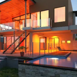 Dwukondygnacyjny dom z płaskim dachem, zewnętrznymi schodami stalowymi, szklanymi balustradami i basenem wykończonym kamieniem elewacyjnym, oświetlony ciepłym, pomarańczowym światłem o zmierzchu.