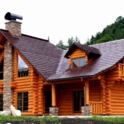 Dwupiętrowy dom z bali z kamiennym kominem i drewnianym balkonem, na tle zalesionych gór.